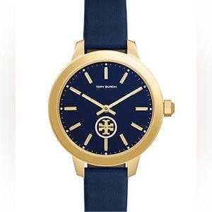 Tory Burch Gold and Navy Leather Collins Watch
